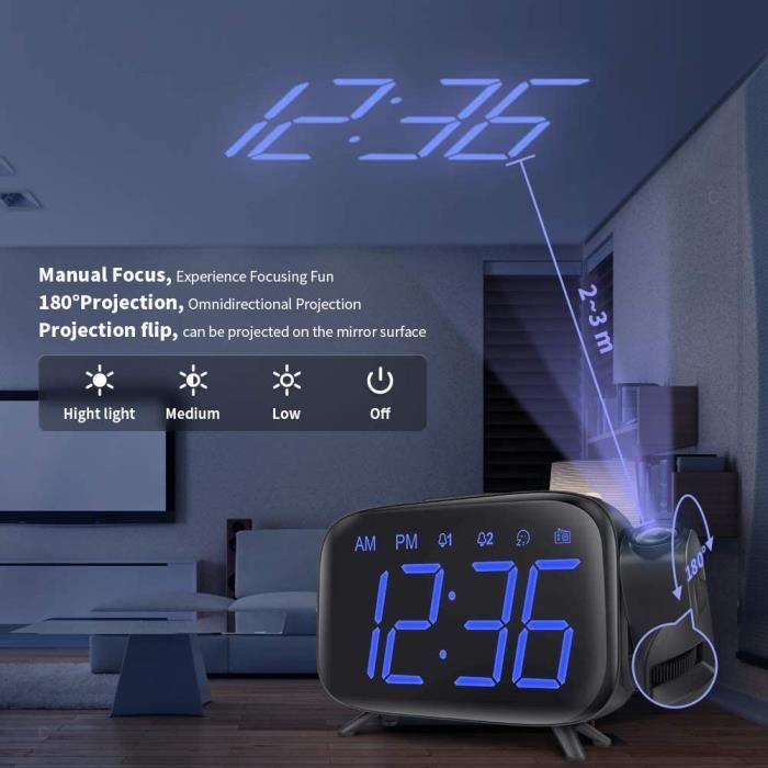 Réveil Projecteur Plafond Avec Radio FM – Projection D’Heure 180°, Alarme Snooze, Affichage LED, 4 Niveaux Luminosité – Cadeau Noël Enfant Et Adulte