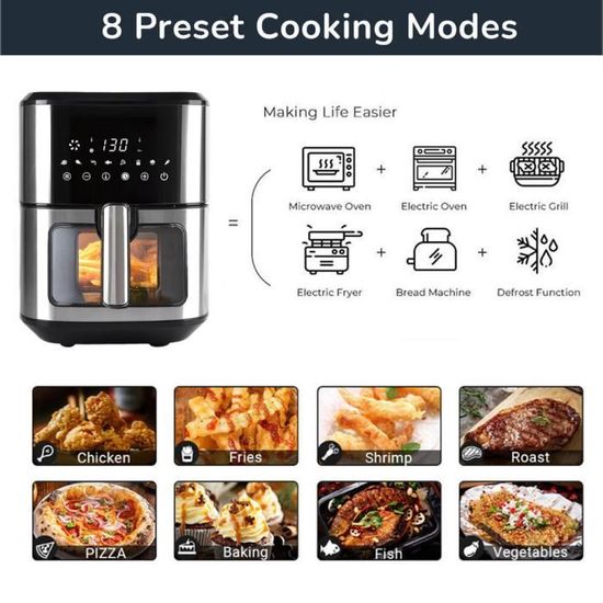 Friteuse à air sans huile Sboly 8L 1900W 8 préréglages de