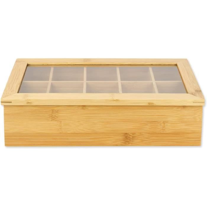 Boîte à Thé En Bambou – 6 Compartiments, 21,5x16x9 Cm, Couvercle Refermable – Pour Ranger Et Organiser Vos Sachets De Thé
