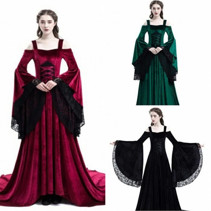 Robe Médiévale Femme Grande Costumes Deguisement Halloween Sorciere Jupe Elegant Ado Dentelle Victorienne Halloween Chic Soiree Taille Elfe Costume S