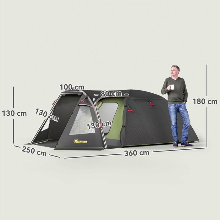 Tente De Camping Familiale Outsunny – 2-4 Personnes – Tunnel 3 Portes – Imperméabilité 3000 Mm – Polyester 190T – Sac De Transport Inclus