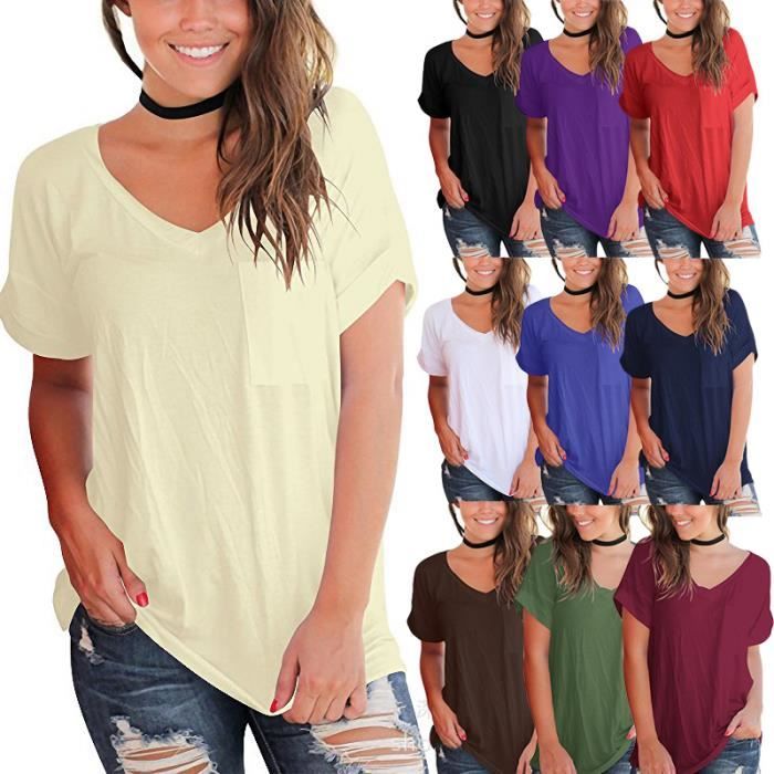 T Shirt Femme mode baggy T shirt Col V Multi couleur en option T shirt Casual Tee Shirt Femmes uni Violet Cdiscount Pret a Porter