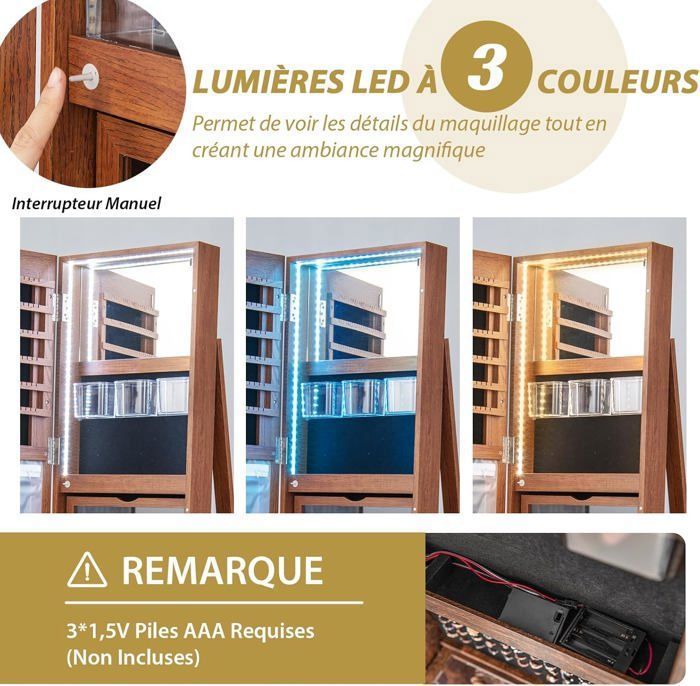 Armoire à Bijoux Murale Avec Miroir LED - 106x30x8,5 Cm, Blanche, Grand Rangement + Éclairage Automatique