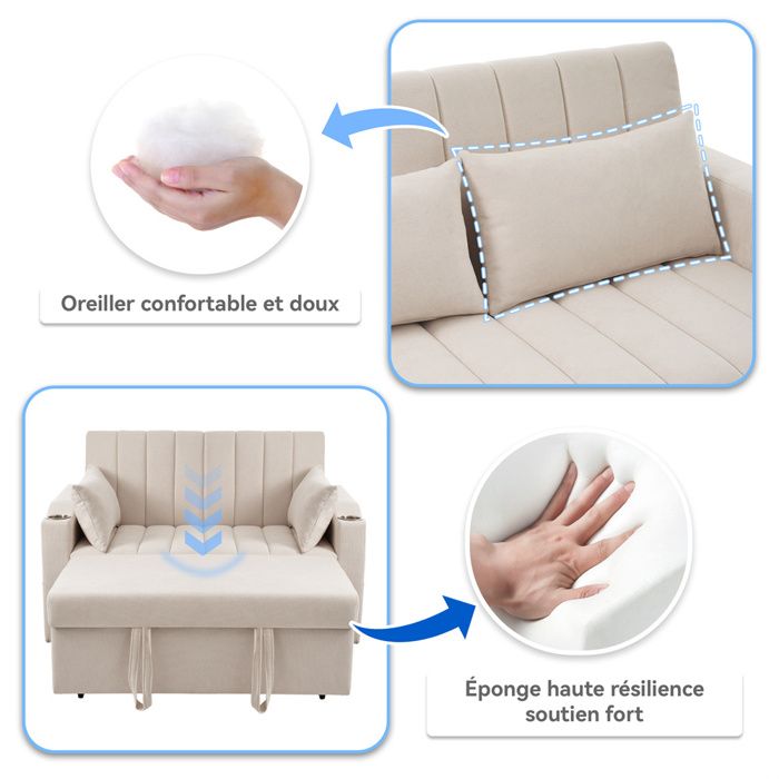 Canapé convertible 2 places avec fonction couchage avec dossier réglable avec porte-gobelets et coussins gris