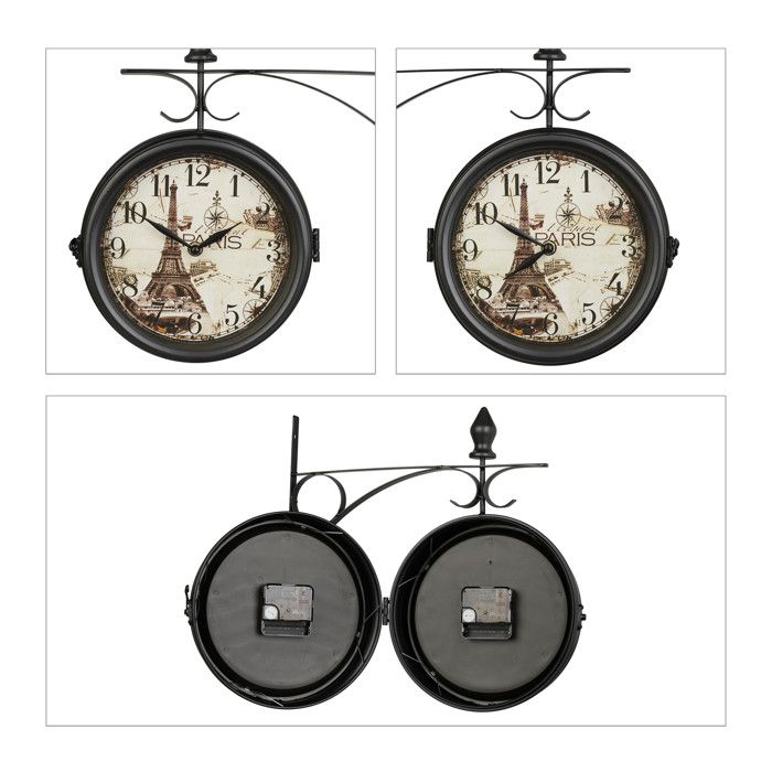 Relaxdays Horloge De Gare Double Face Rétro New York - Vintage 35cm, Fonctionnement Piles, Noir