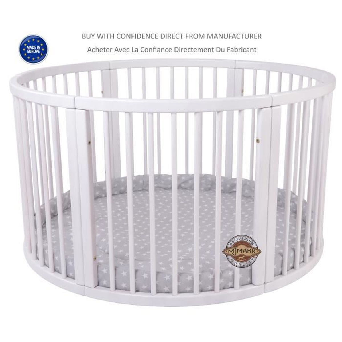 Parc Bébé Rond En Bois Vernis Blanc Atlas Due Incluant Tapis