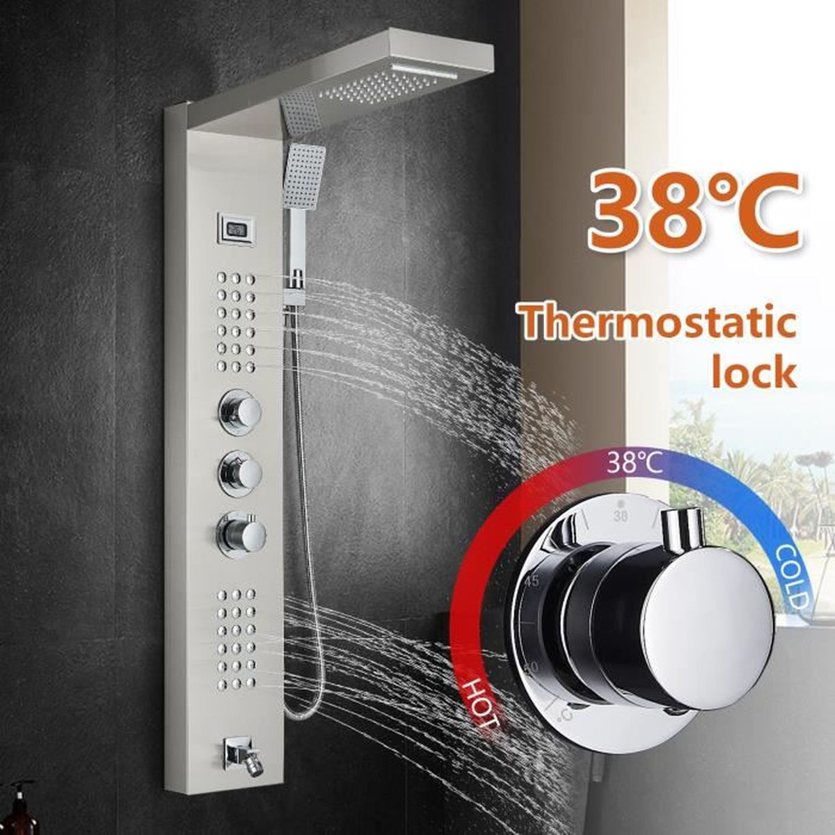 Colonne de Douche Hydromassante Thermostatique Acier inoxydable Nickel