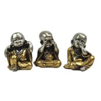 Moines bouddhistes : 3 statuettes en résine Argent et Or 9cm