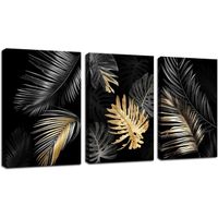 3 Pièces Feuilles d'or noir Tableau Décoration Murale Salon Impression sur Toile Image sur Toile Abstraite 40x50cmx3pcs Avec cadre