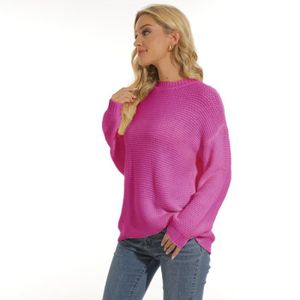 PULL Pull Femme en Tricot Col Rond Automne Hiver Pullover Manches Longues Couleur Unie Tissu Confortable - Rose rouge