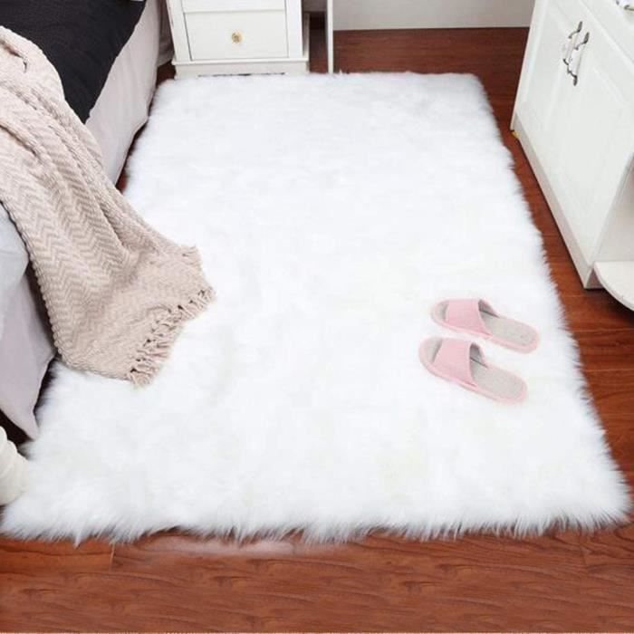 Tapis de Salon Blanc 60x180cm Tapis en Fausse Fourrure Shaggy Anti-dérapage Peluche Coussin de Canapé de Chambre Imitation Mouton
