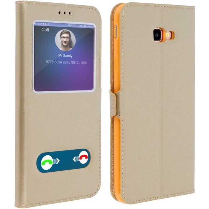 Etui Samsung Galaxy J4 Plus Housse Folio Double Fenêtre Fonction Support Or Jaune