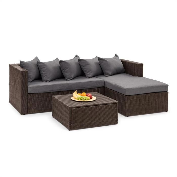 Blumfeldt Theia Lounge Salon de jardin 5 places en résine tressée - canapé, table basse, coussins & housses gris foncé - marron
