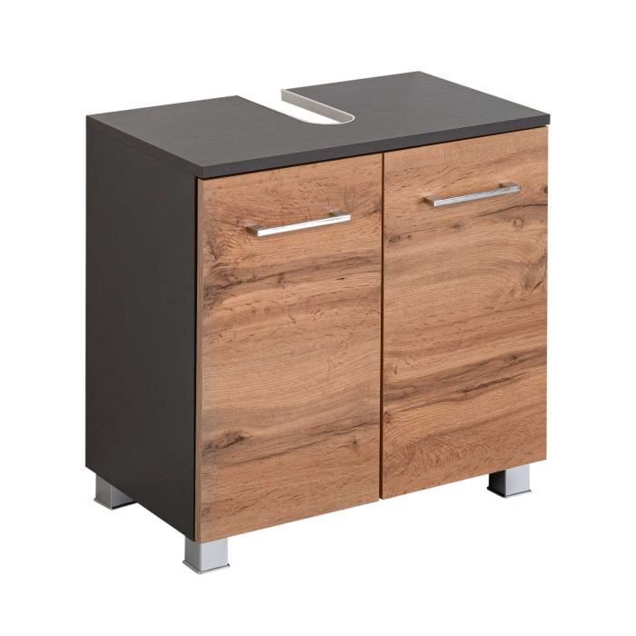 Meuble sous lavabo Pares avec 2 tiroirs en aggloméré de couleur gris graphite et à décor chêne wotan. Fourni avec 4 pieds de meub...