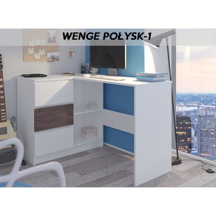 KIAN B - Bureau d'angle + rangements + 3 tiroirs - 112x87x76cm - Table d'ordinateur forme de L - Blanc Wengé