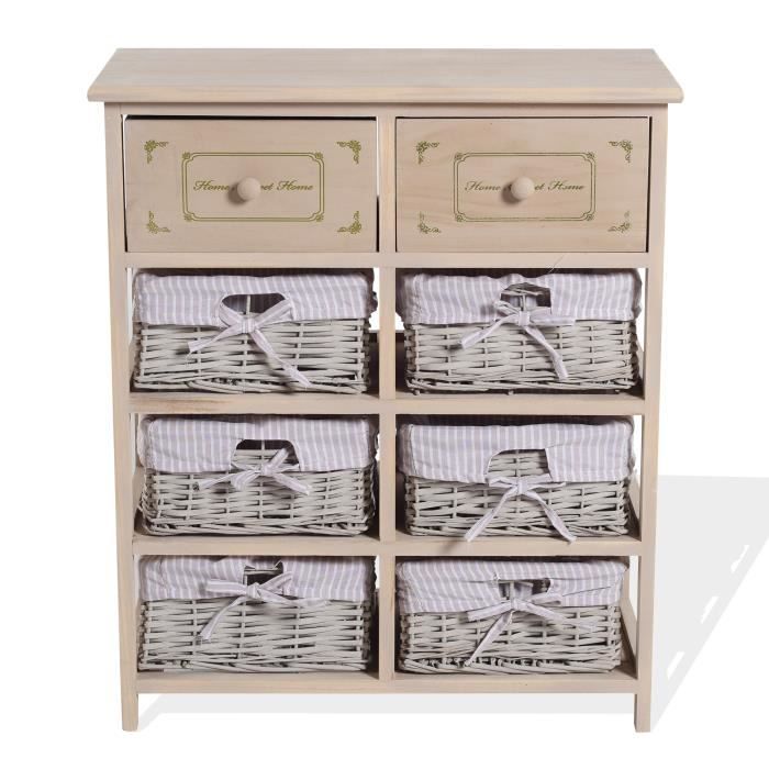 Mobili Rebecca Commode Buffet 2 Tiroirs 6 Paniers Bois Osier Beige Retro70x60x30