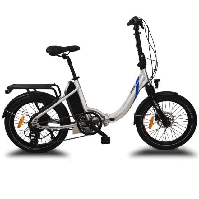 Vélo pliant électrique MINI argent, Battery Lithium 36V 14Ah (504Wh), freins à disque hydraulique
