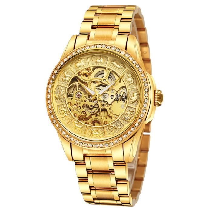 Montre homme mécanique automatique cadran squelette douze têtes de bête cool bracelet en acier doré