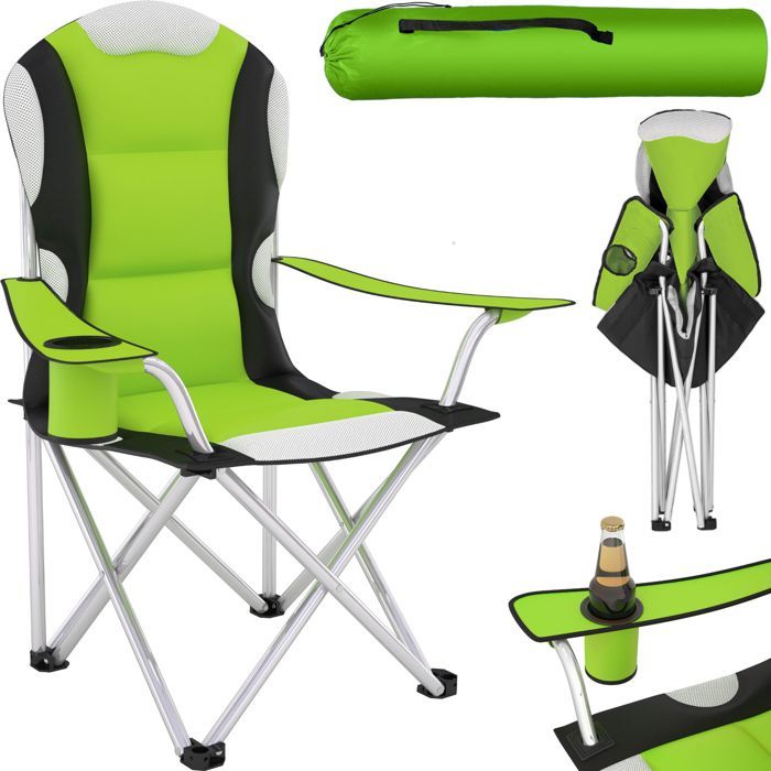 TECTAKE 1 Chaise Pliante de Plage de Camping avec Porte Boisson + Sac de transport Vert Noir