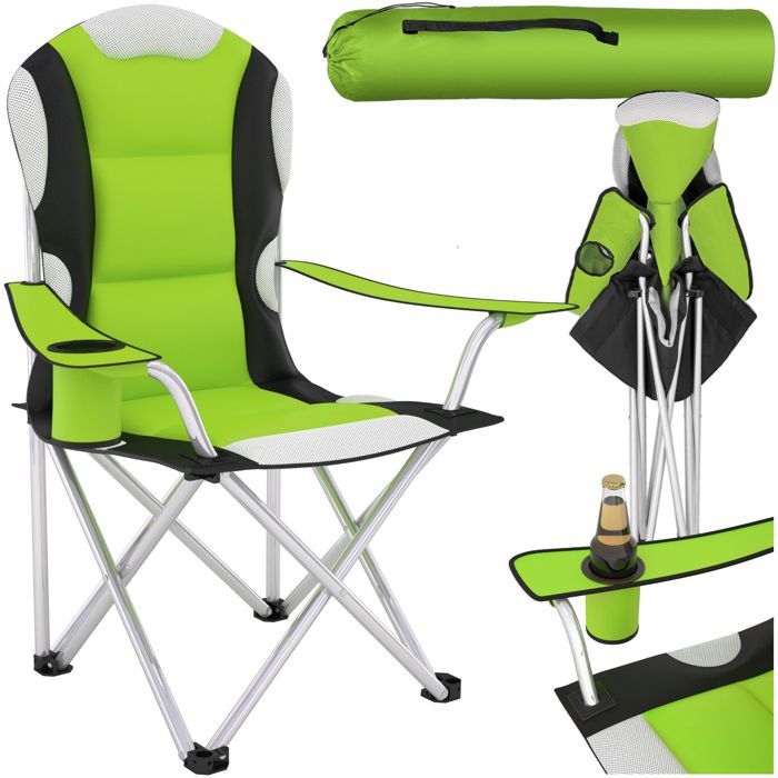 TECTAKE 1 Chaise Pliante de Plage de Camping avec Porte Boisson + Sac de transport Vert Noir