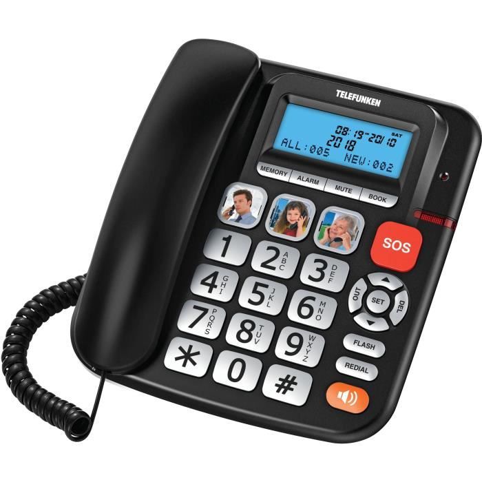 TELEFUNKEN TF 801 COSI - Téléphone senior filaire - Clavier extra-large - Compatible aides auditives - 3 touches favoris + 1 urgence