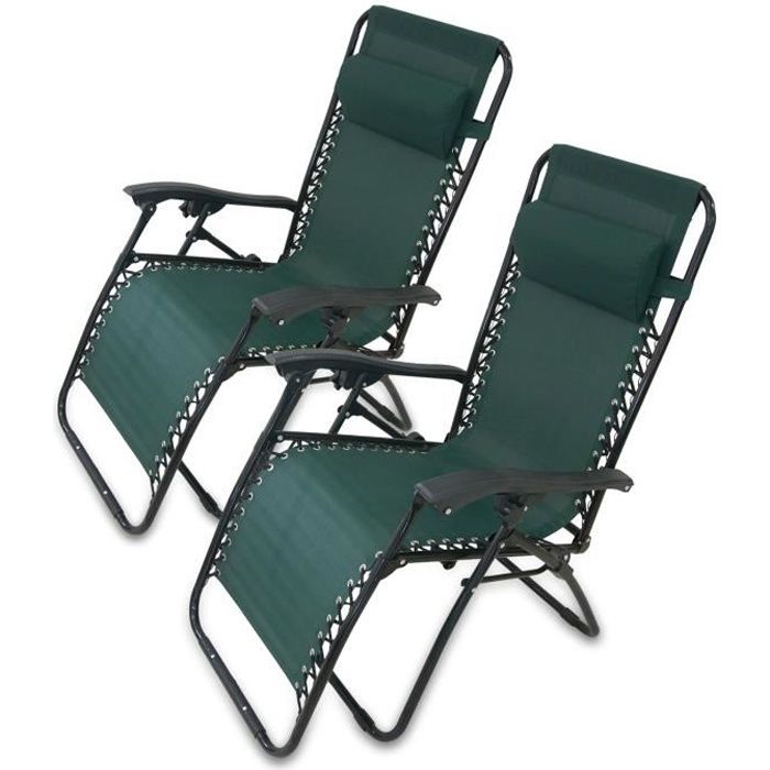 Chaise Longue Inclinable, Transat de Jardin, 165 x 112 x 65 cm, Vert, Avec coussin, Textilène, Pack de 2, Charge maximale: 100 kg