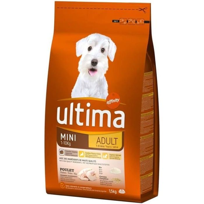 Ultima Croquettes Chiens Adult Mini 1-10 Kg Poulet Riz Format 1,5Kg (lot de 3)
