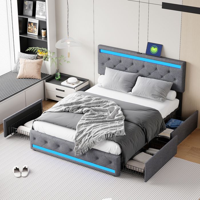 Contour Cadre De Lit VidaXL Sommier à Lattes De Lit Avec Matelas Et LED, Lit Rembourré, Lit Double, Lit Adulte De Chambre à Coucher Intérieur, Moderne, Marron Foncé 180x200 Cm