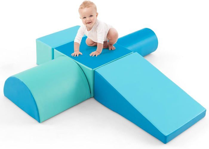 GOPLUS Module Motricité Bébé 5 Pcs en Mousse Jeu de construction avec Housse Bébés dÂge Préscolaire Bleu Pur