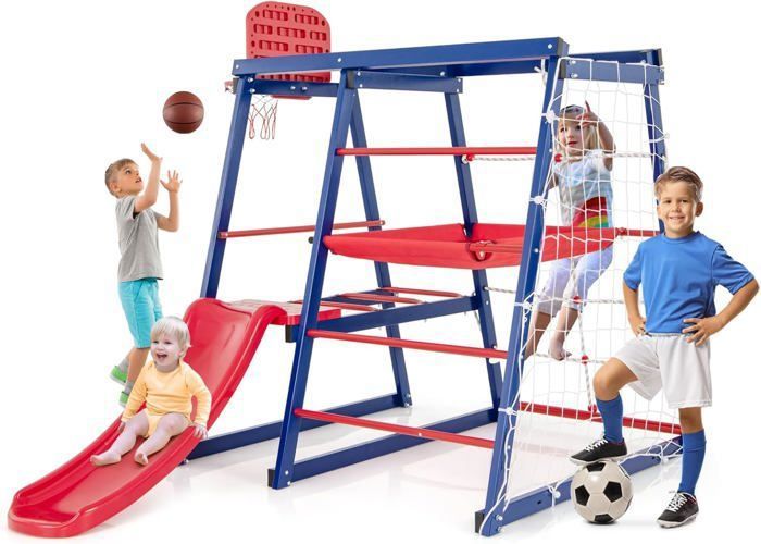 COSTWAY Station de Jeux 7 en 1 pour Enfants 3 - 7 Ans 150 x 142 x 146 CM avec Toboggan Panier de Basketball Jouet d’Escalade