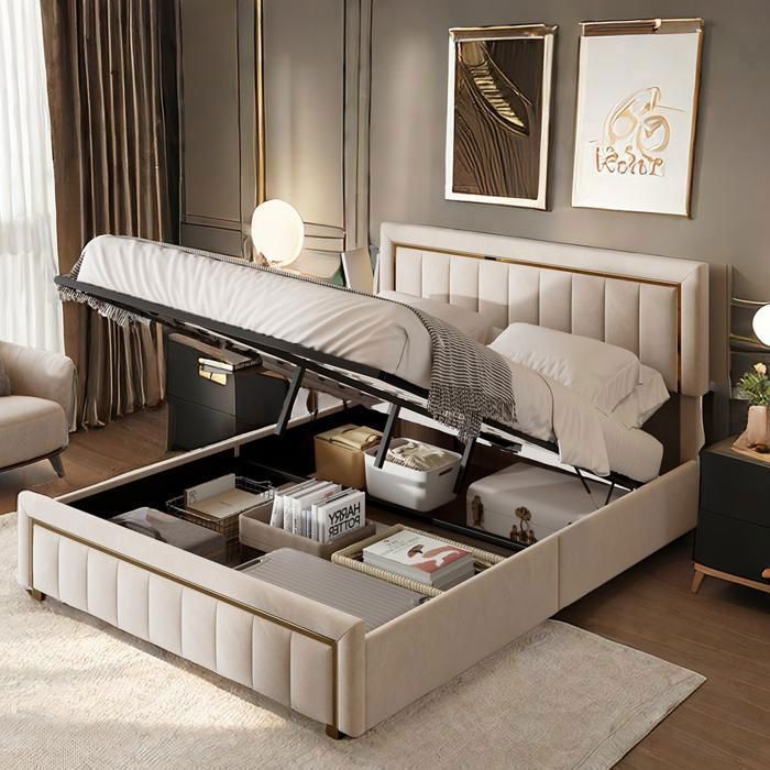 Lit Double Art Déco Palazzo INT 160x200cm Velours Gris - Châlit Capitonné Vintage