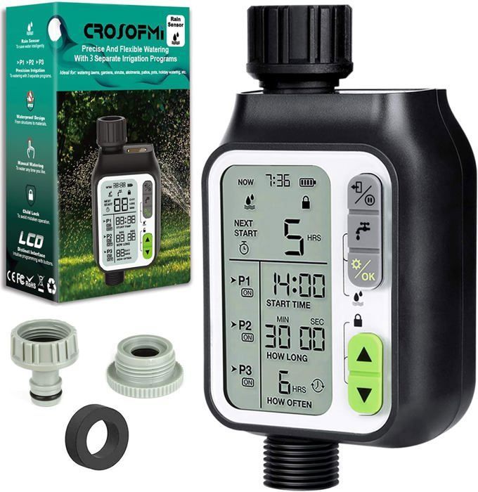 Programmateur D'Arrosage Numérique Royal Gardineer Avec Capteur De Pluie - Écran LCD - Robinet 3/4" - Piles AA
