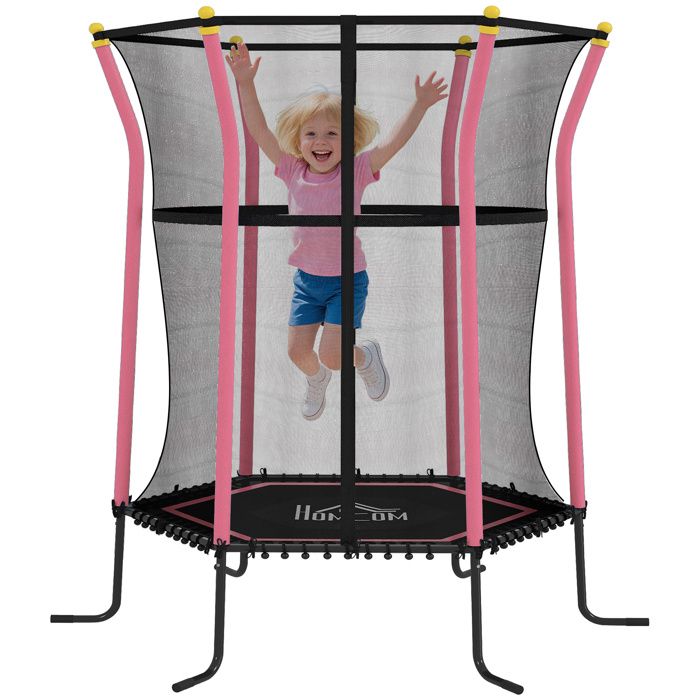 Trampoline pour enfant - HOMCOM - 122 x 111 x 19 m filet de sécurité porte zippée 6 poteaux - acier - rose noir