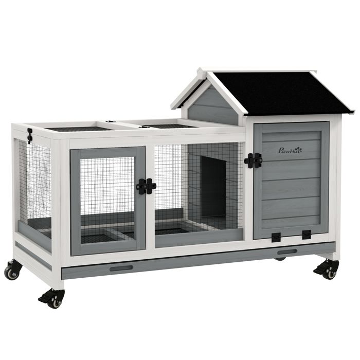 Clapier - PawHut - sur roulettes - 2 portes verrouillables - tiroir à déjection - bois massif - 108 x 58 x 735 cm - gris