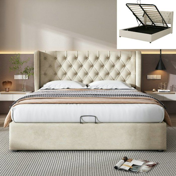 Lit 140x190 cm - LANGTU - Lit en forme doreille - Coffre de rangement - Velours beige - Sommier à lattes