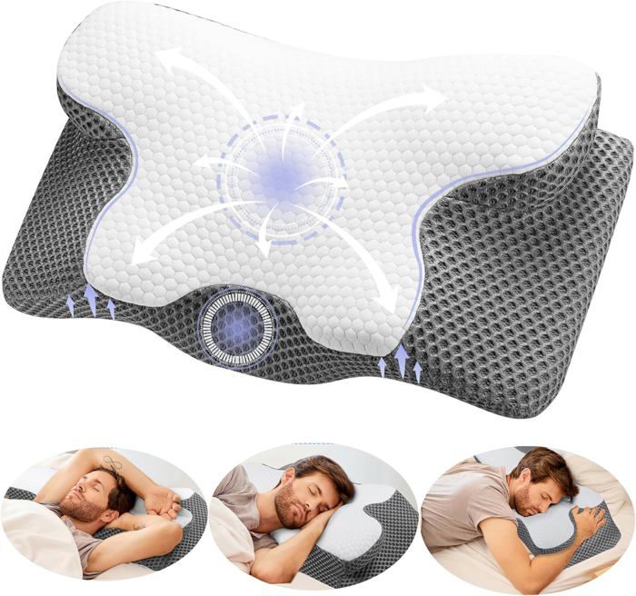 Wuhuarou Oreiller Ergonomique Cervical Mémoire De Forme Anti-Ronflement 62x37x9/12 Cm Avec 2 Taies - Blanc