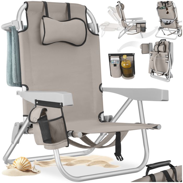 Chaise de plage - TECTAKE - Fauteuil de jardin CORAL pliable dossier et appui-tête réglables avec fonction sac à dos - Beige