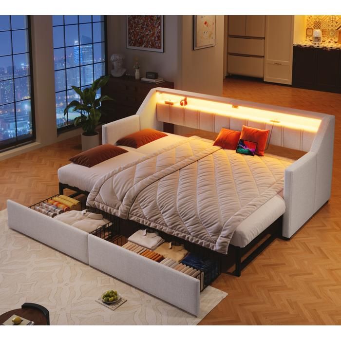 Lit de repos canapé-lit 90 x 200 cm avec USB et Type-C bande LED avec télécommande avec 2 tiroirssans matelas beige