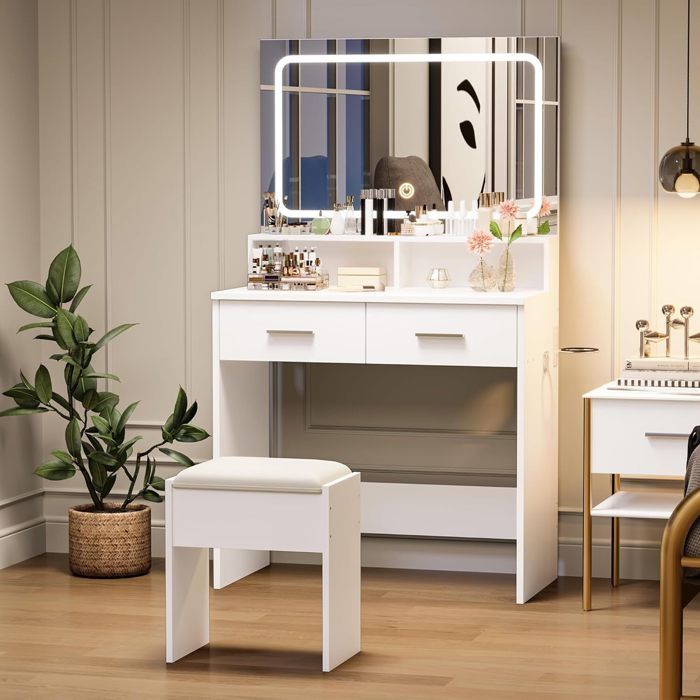 Coiffeuse avec miroir et tabouret-SALUT- 3 MODES LED et 2 Tiroirs-80 X 38.5 X 134CM
