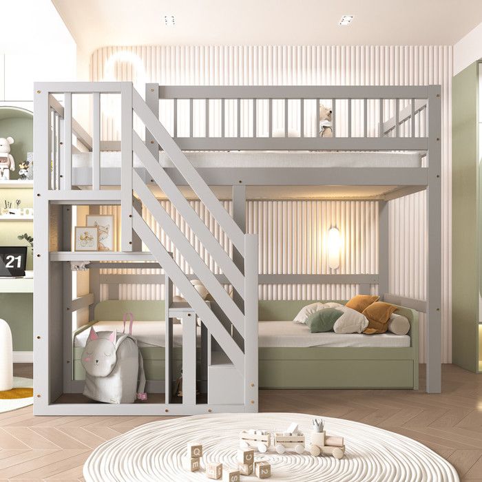 Lit mezzanine enfant - Bois massif - Escalier rangement intégré - Gris - 1 place