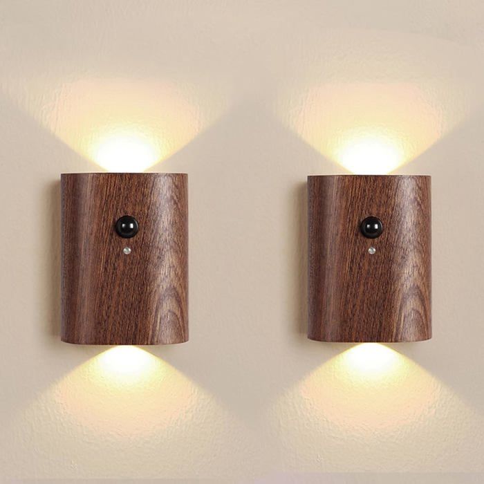 Veilleuse/applique descalier en bois de noyer (lot de 2) - Lumière LED blanc chaud