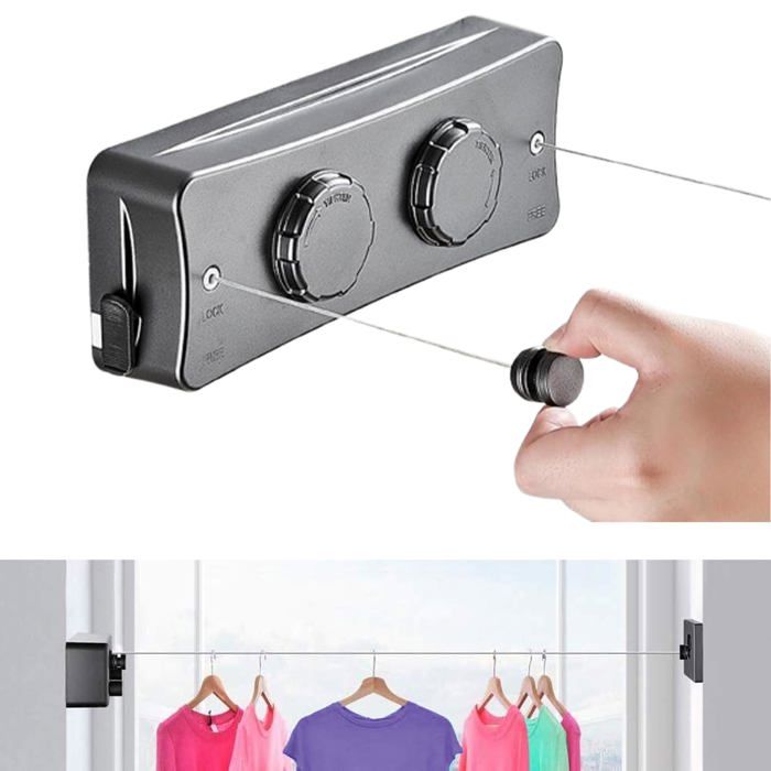 Étendoir à linge rétractable pour balcon 2 x 5 1 m en acier inoxydable pour extérieur et intérieur(noir)