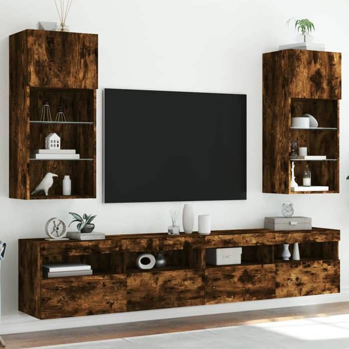 Meuble TV mural avec LED - VIDAXL - 40 5x30x90 cm - Chêne fumé - Lumières LED RVB - Grand espace de rangement
