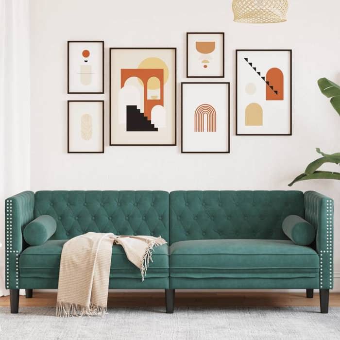 Canapé Chesterfield 3 places velours - vidaXL - Vert foncé - 194x74.5x70.5 cm - Velours doux