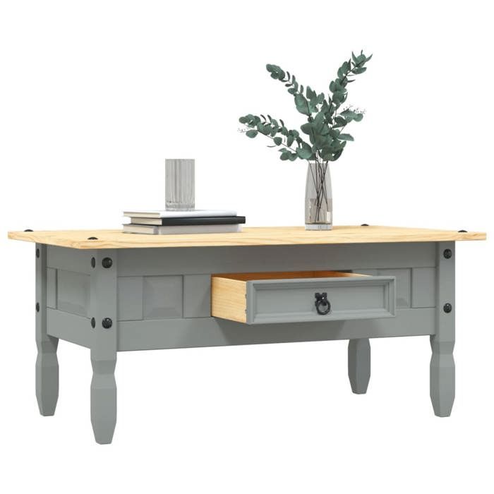 Table basse en pin - vidaxl - 100x55x44 cm - Gris - Plateau marron - 1 tiroir - Style mexicain Corona - Bois massif