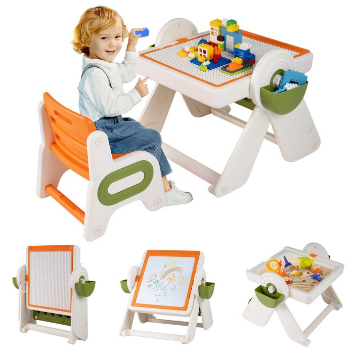 COSTWAY Ensemble Table 6-en-1 Multi-activités et Chaise pour Enfants - Plateau Réversible et Porte-stylos Paniers de Rangement