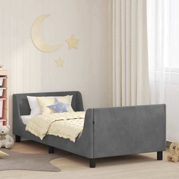 Lit pour enfants en velours - UU - Gris foncé - 205x86x60 cm - 80x200 cm - Cadre à lattes - Poches de rangement