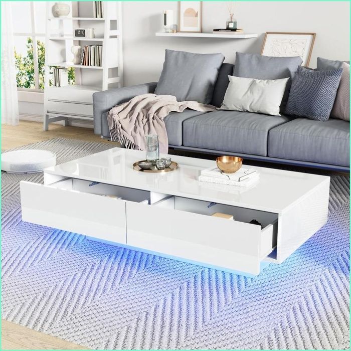 Table de Salon Moderne Blanc Hochglanz - LED 2 Tiroirs & 30 kg de Ténacité