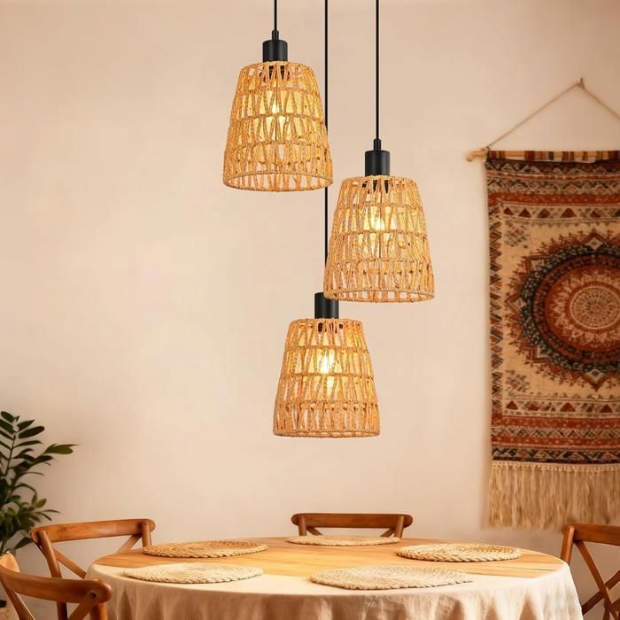 Lampe suspension rotin naturel NETTLIFE 3 lumières Design bohème chic métal noir Colonne Luminaire E27 pour salle à manger salon