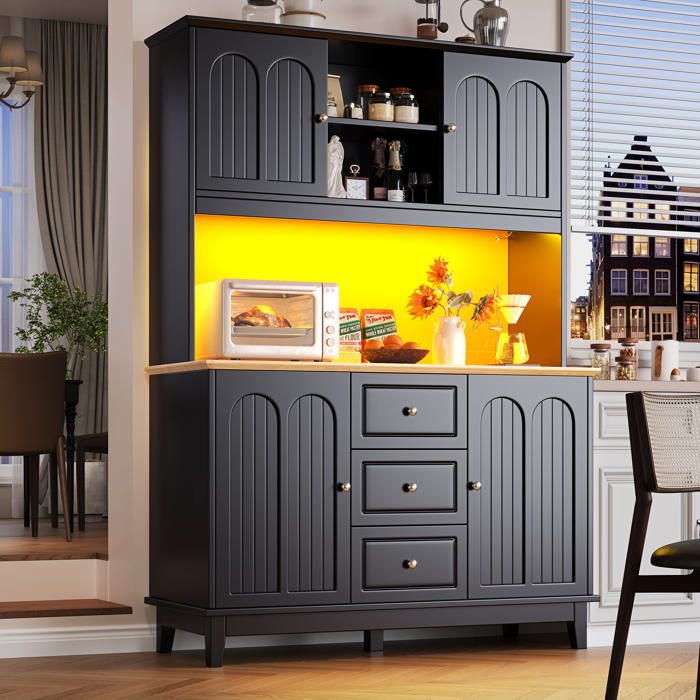 Buffet de cuisine moderne - MODERNLUXE - 120x45x180 cm - 4 portes - 3 tiroirs - 10 étagères - Éclairage LED - Noir Buffet de cuisine moderne - MODERNLUXE - 120x45x180 cm - 4 portes - 3 tiroirs - 10 étagères - Éclairage LED - Noir